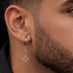 Boucle d’oreille homme anneau argent avec pendentif croix brillante portée à l’oreille, style moderne et raffiné