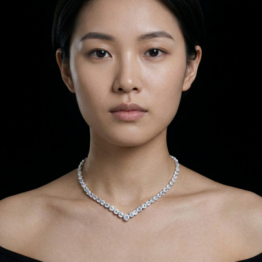 Collier femme en argent avec pierres brillantes serties porté autour du cou, style élégant et sophistiqué
