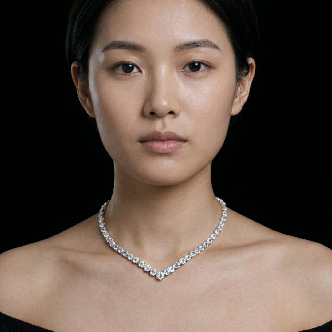 Collier femme en argent avec pierres brillantes serties porté autour du cou, style élégant et sophistiqué