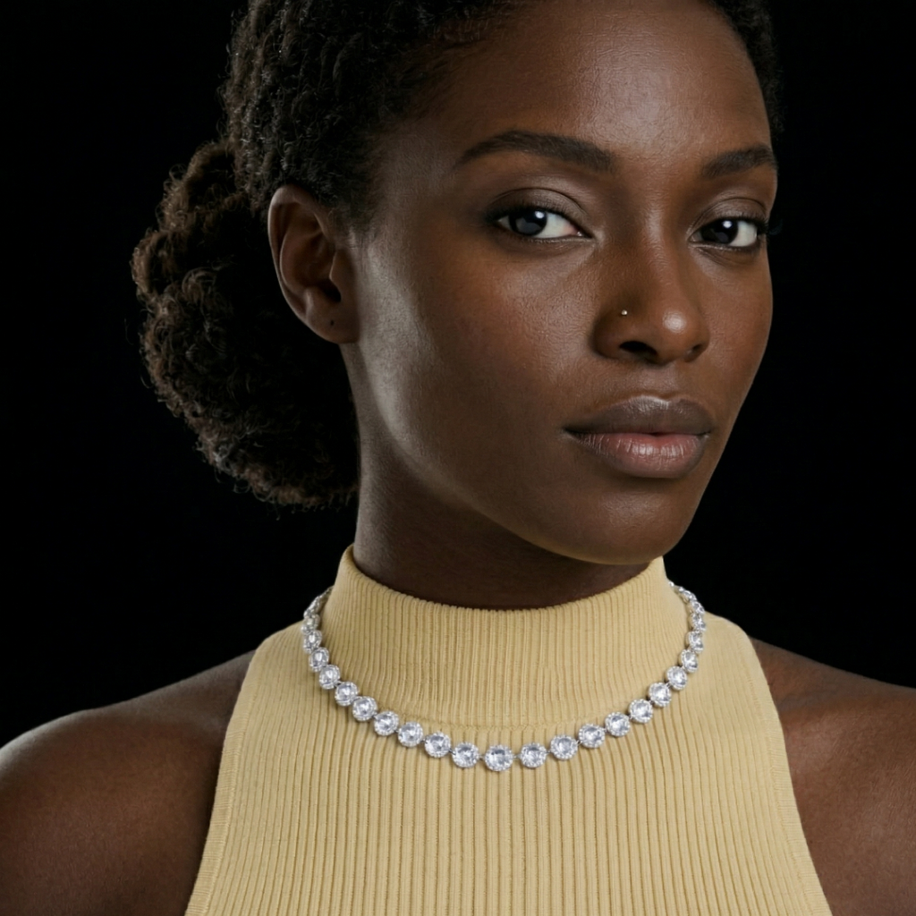 Collier femme ras de cou en argent avec pierres brillantes serties porté autour du cou, style luxe et élégant